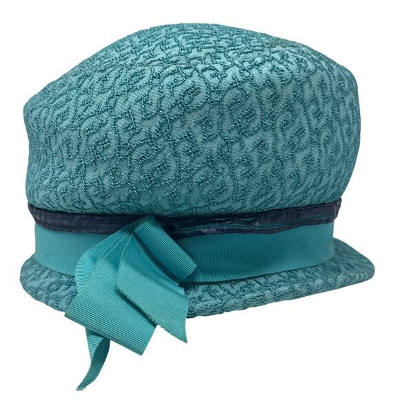 Vintage 1960s Lenhar Turquoise Textured Pillbox Hat Bow Accent 6.5 main image 4